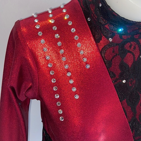 Romantic Gothic Black Lace & Diamond Detailed Deep Red Bodysuit Dress - Picture 7 of 12